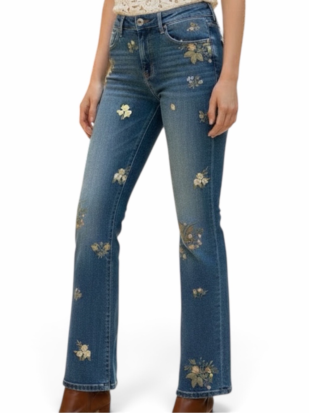 Driftwood Floral Embroidered Kelly Bootcut Flare Jeans Blue Denim